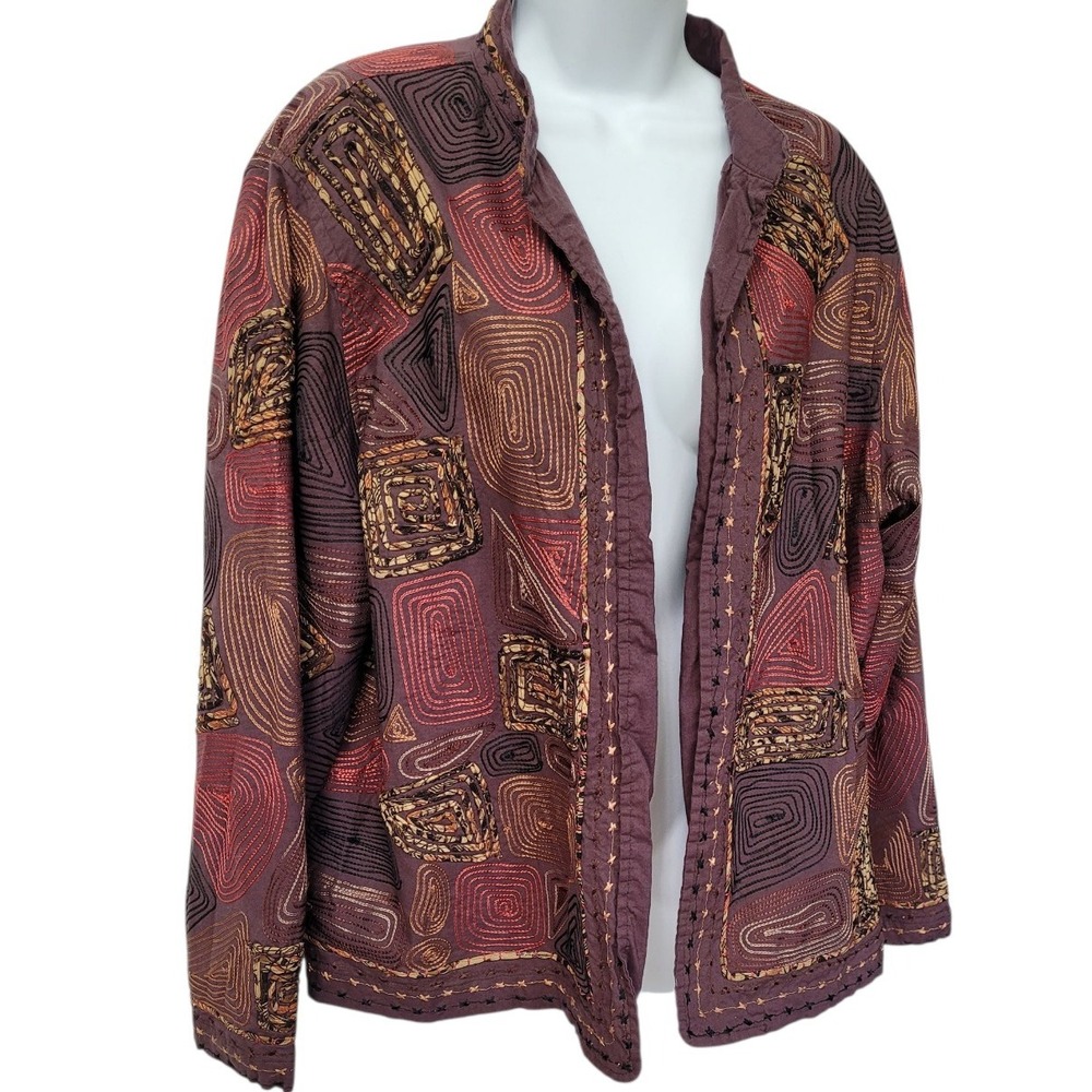 Life Style Jacket Women 1X Brown Open Lined Embroidery Stitch Boho Indie Art